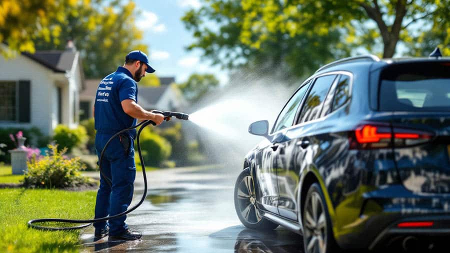 Mobile car washing service operating at customer's home in rural area
