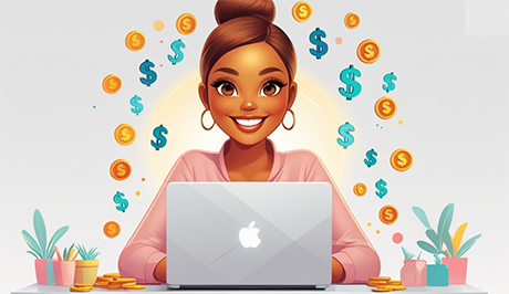 Vector image of a happy woman sitting at a desk in front of her laptop with money icons around her - signifying how happy she is making money from blogging